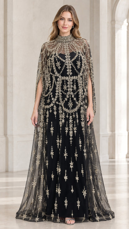 Full-length front view of black evening gown with embroidered high neck cape overlay