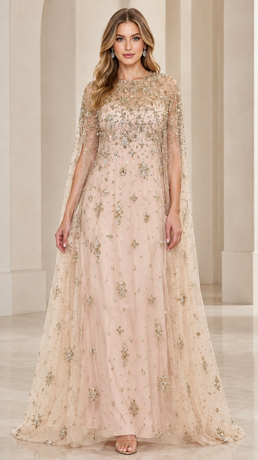 Champagne floor-length cape evening gown with sparkling sequin and bead embellishments - front view