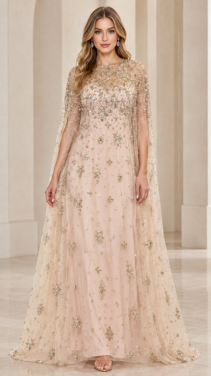 Champagne floor-length cape evening gown with sparkling sequin and bead embellishments - front view