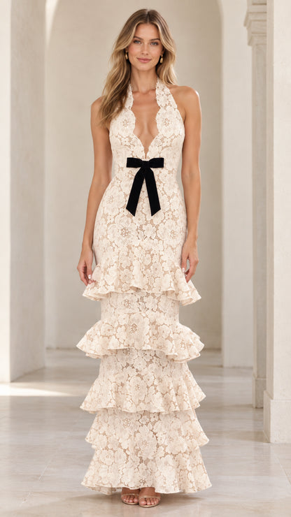 Cream floral lace halter maxi dress with plunge neckline and black velvet waist bow front view
