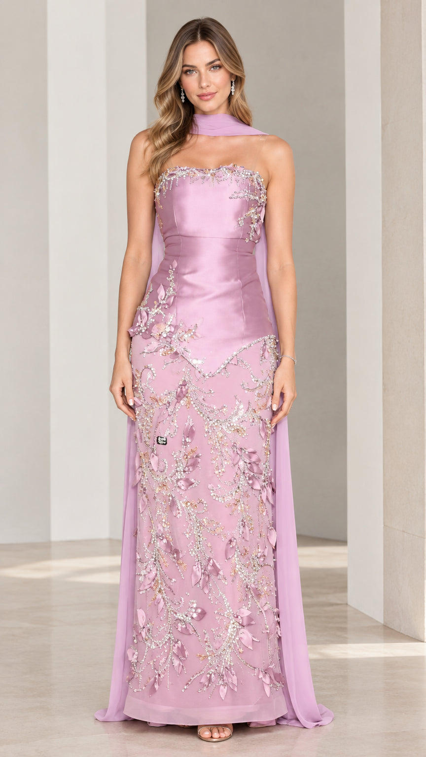 Front view of model wearing lilac strapless beaded embroidered evening gown with chiffon neck scarf