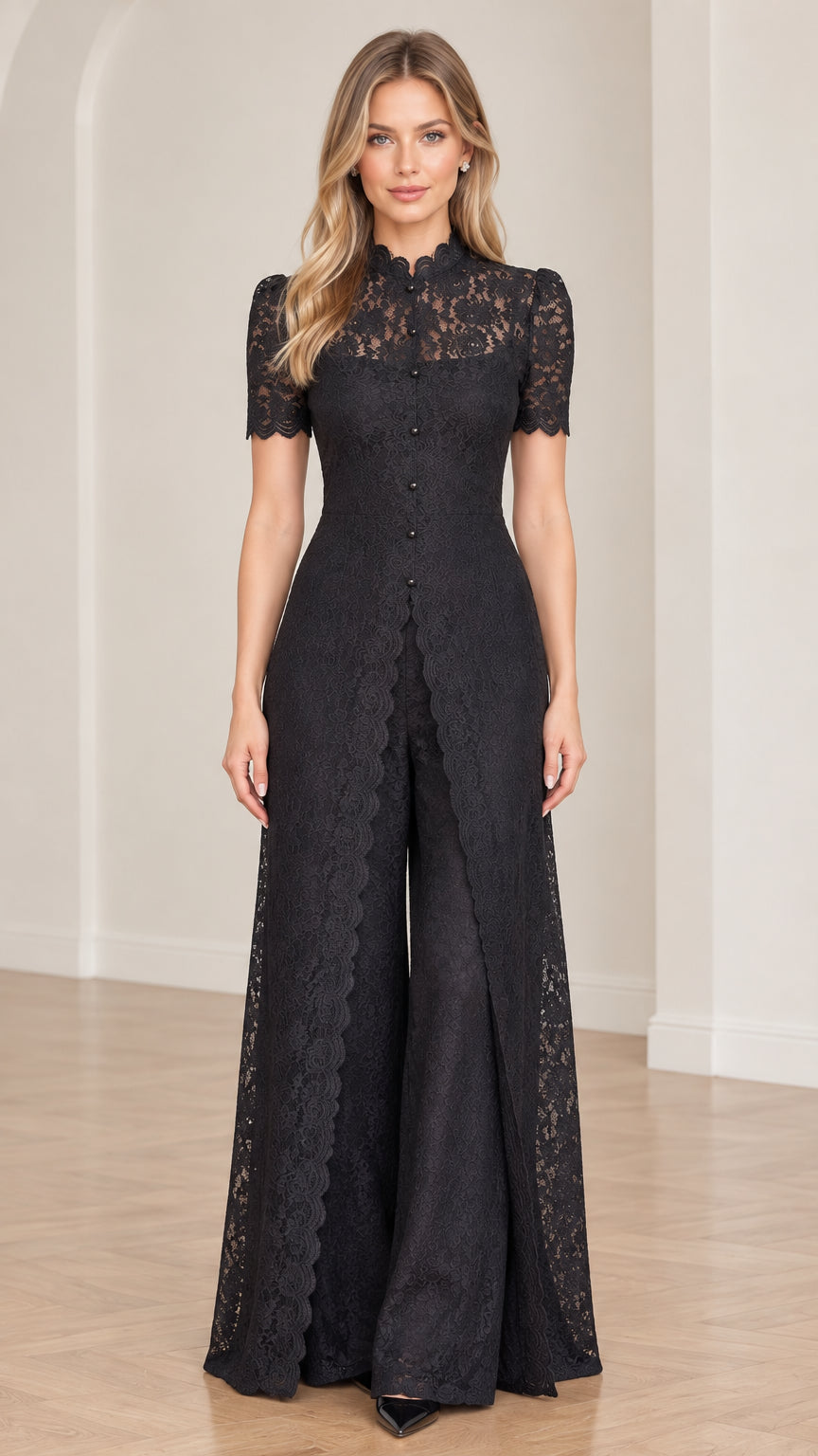 Front full-length view of black floral lace wide-leg jumpsuit with split overlay
