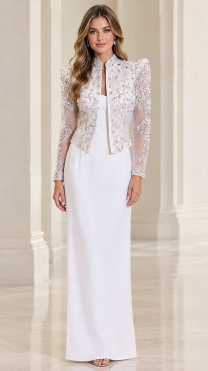 White embellished lace jacket and column maxi evening dress front view