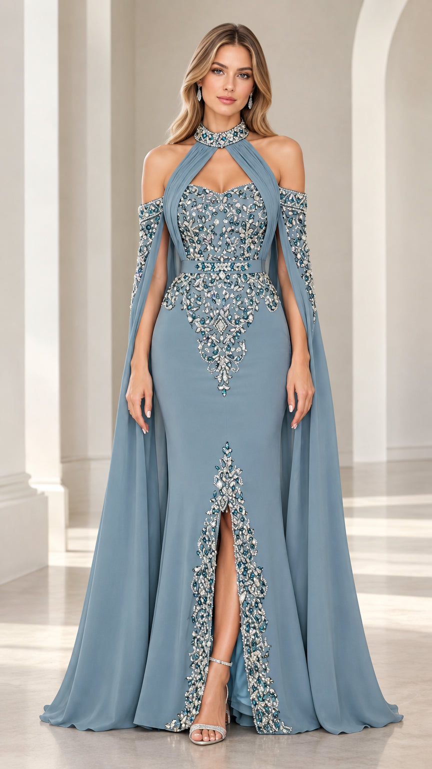 Dusty blue embellished halter neck evening gown with flowing cape front view