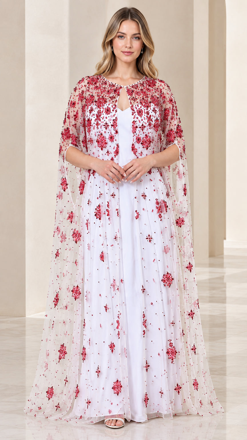 White formal evening gown with red sequined floral embroidered floor-length cape front view
