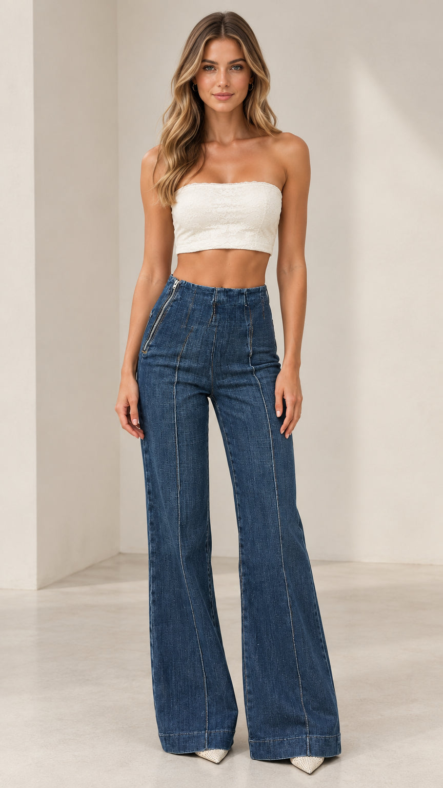 Front view of model wearing Classic Blue high-rise seamed flare jeans