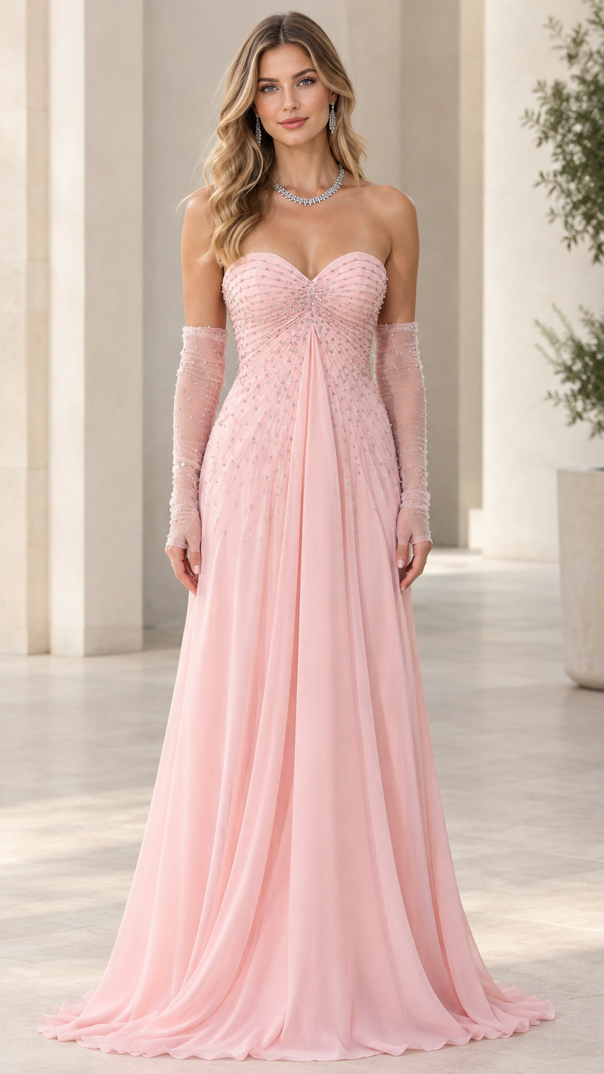 Front view of model wearing Blush Pink strapless beaded chiffon evening gown with matching opera gloves