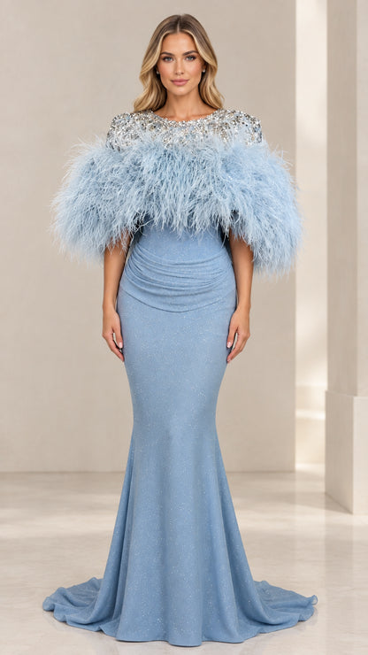 Front view of sky blue feather capelet sequin mermaid evening gown
