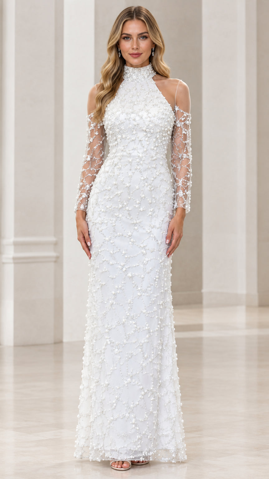 White cold-shoulder beaded high neck evening gown front view