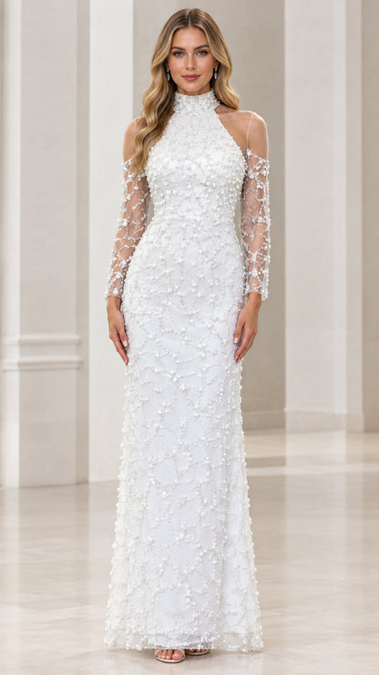 White cold-shoulder beaded high neck evening gown front view
