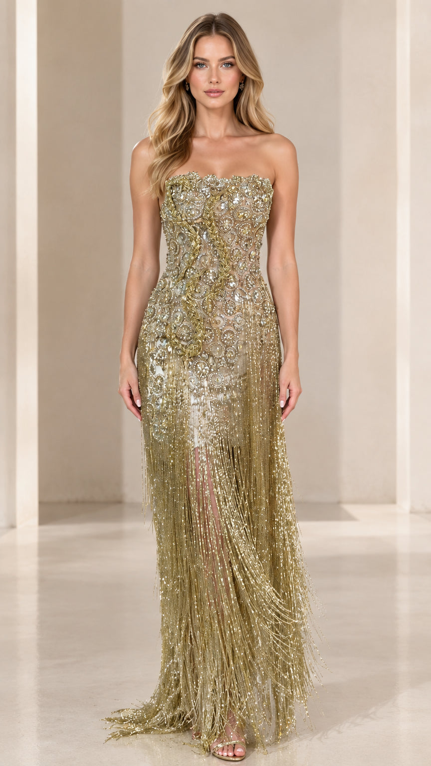 Front full view of woman wearing strapless champagne gold beaded fringe evening gown