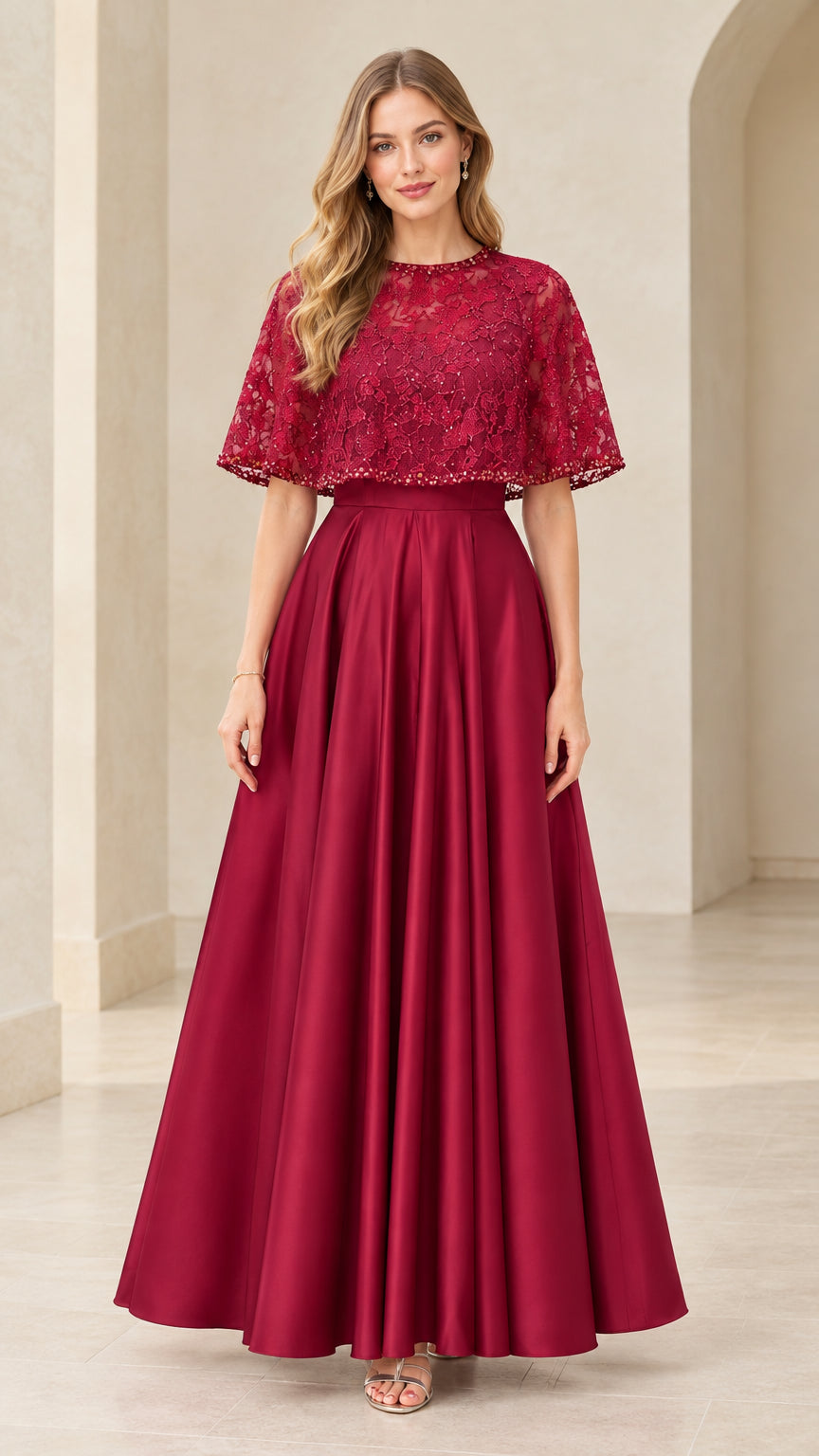 Burgundy embroidered lace capelet evening gown with pleated satin maxi skirt front view