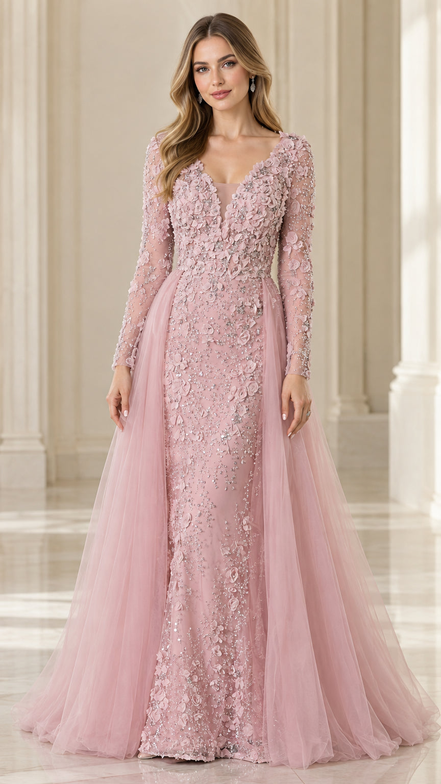 Dusty pink long sleeve evening gown with 3D floral appliqués and full tulle overskirt, front view