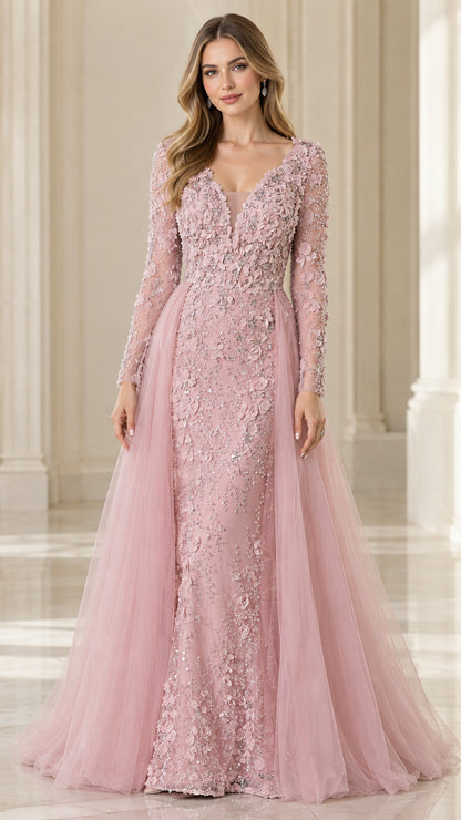 Dusty pink long sleeve evening gown with 3D floral appliqués and full tulle overskirt, front view
