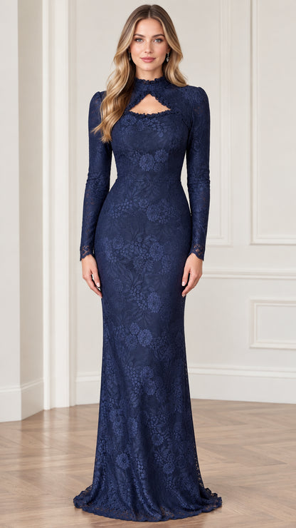 Front full-length view of navy blue long sleeve floral lace evening gown with keyhole cutout
