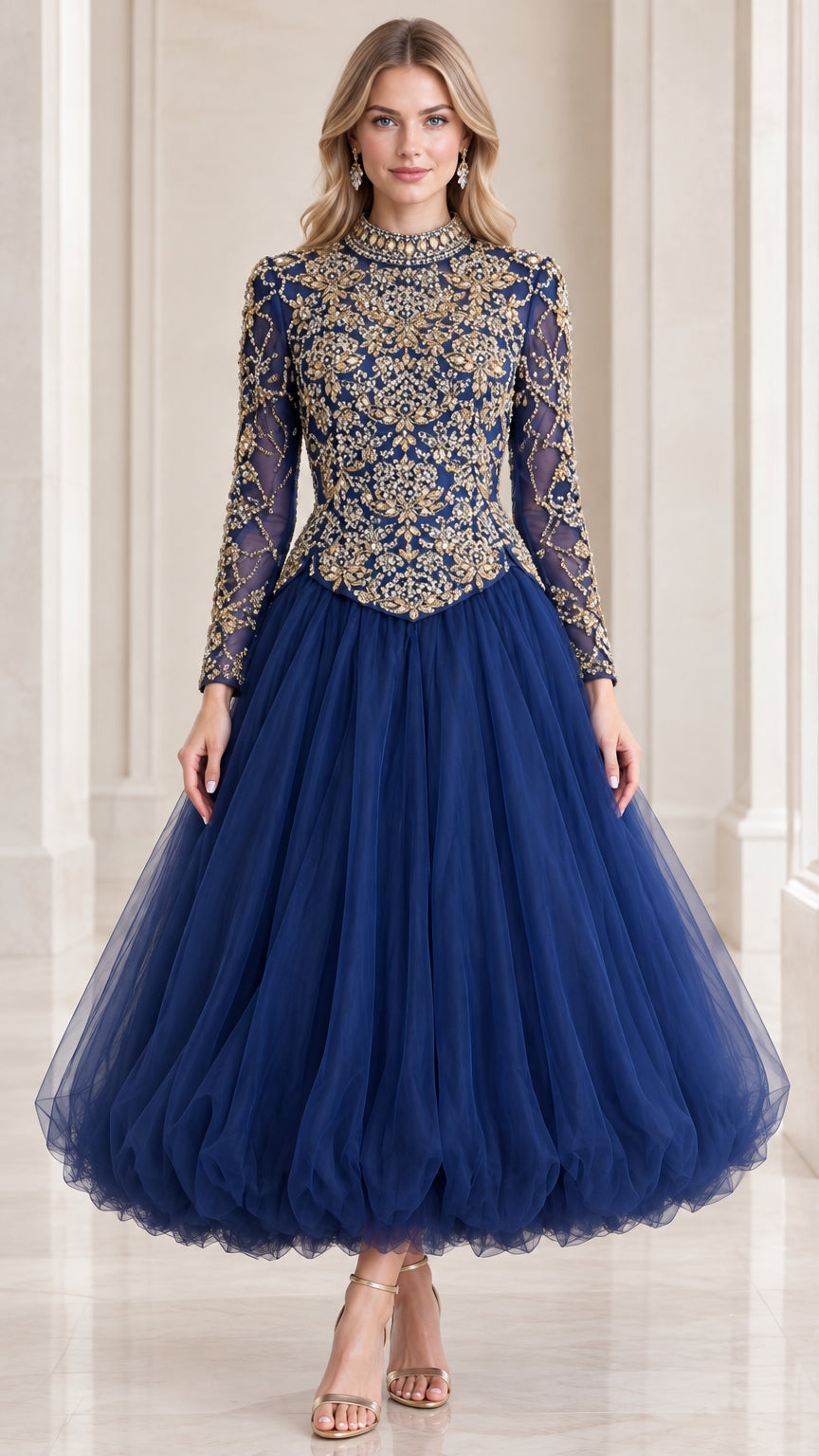 Embellished high neck long sleeve tulle ball gown in royal blue front view