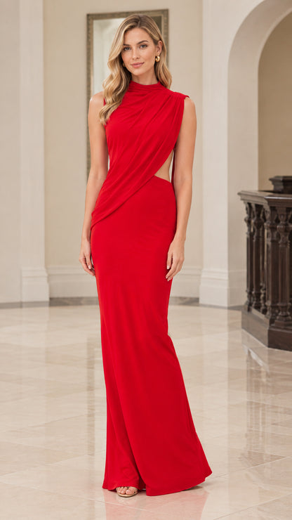 Front view of model wearing a red high neck draped cutout maxi evening dress