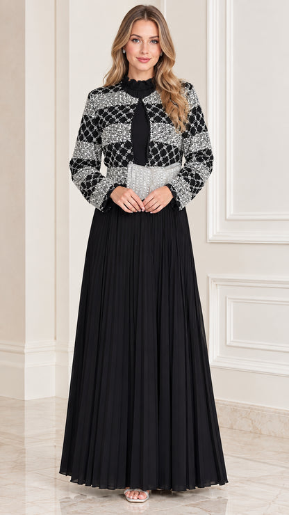 Black sequined jacket overlay pleated maxi evening dress front view