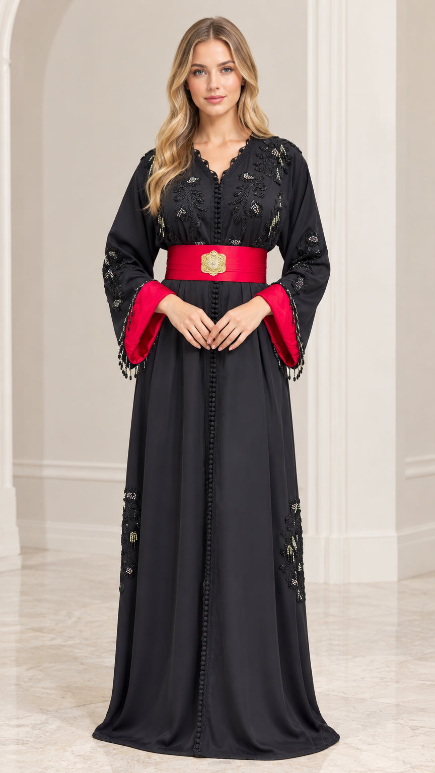 Front view of black embroidered Moroccan kaftan maxi dress with red belt