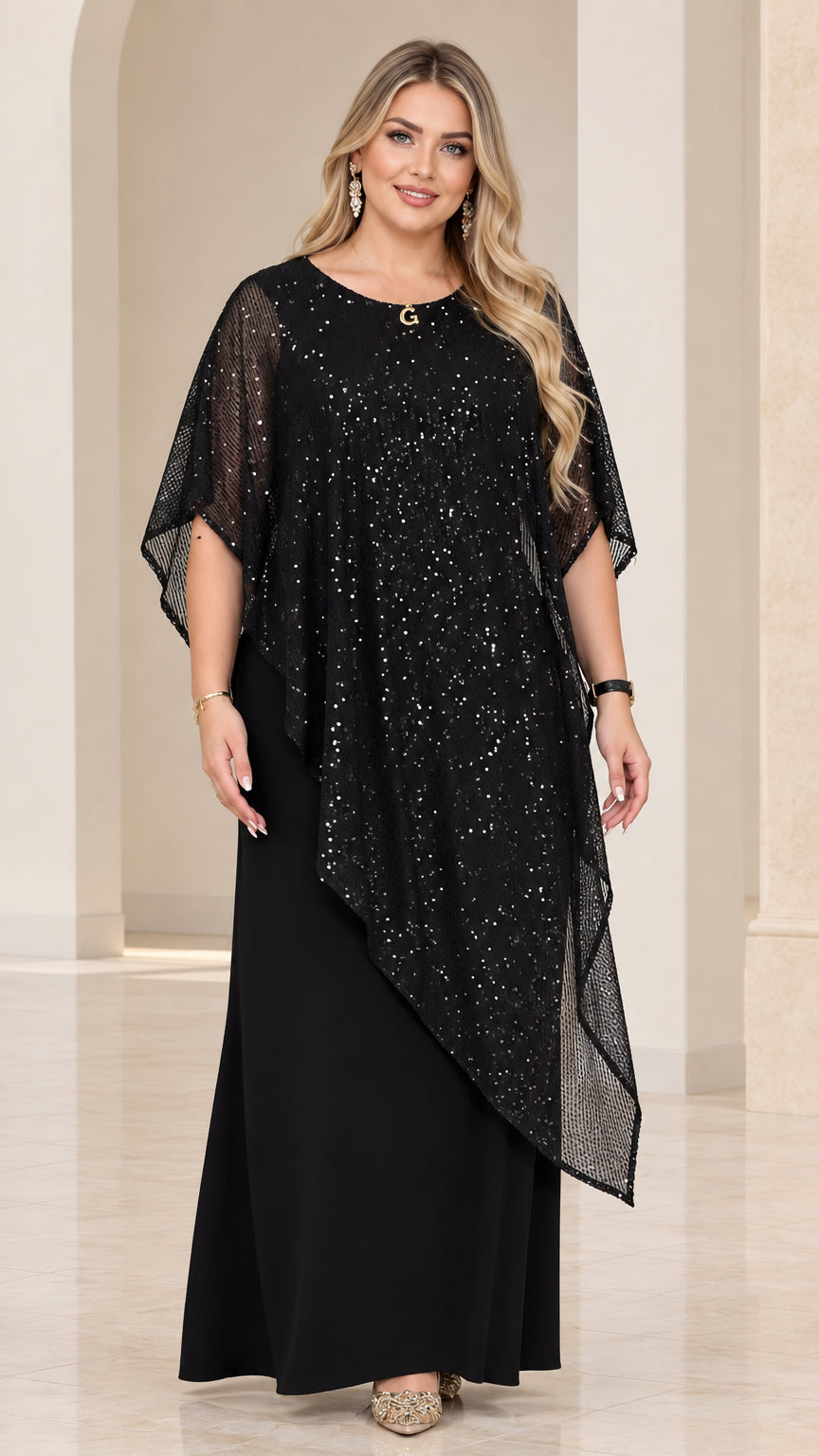 Front view of model wearing Black sequin capelet maxi dress