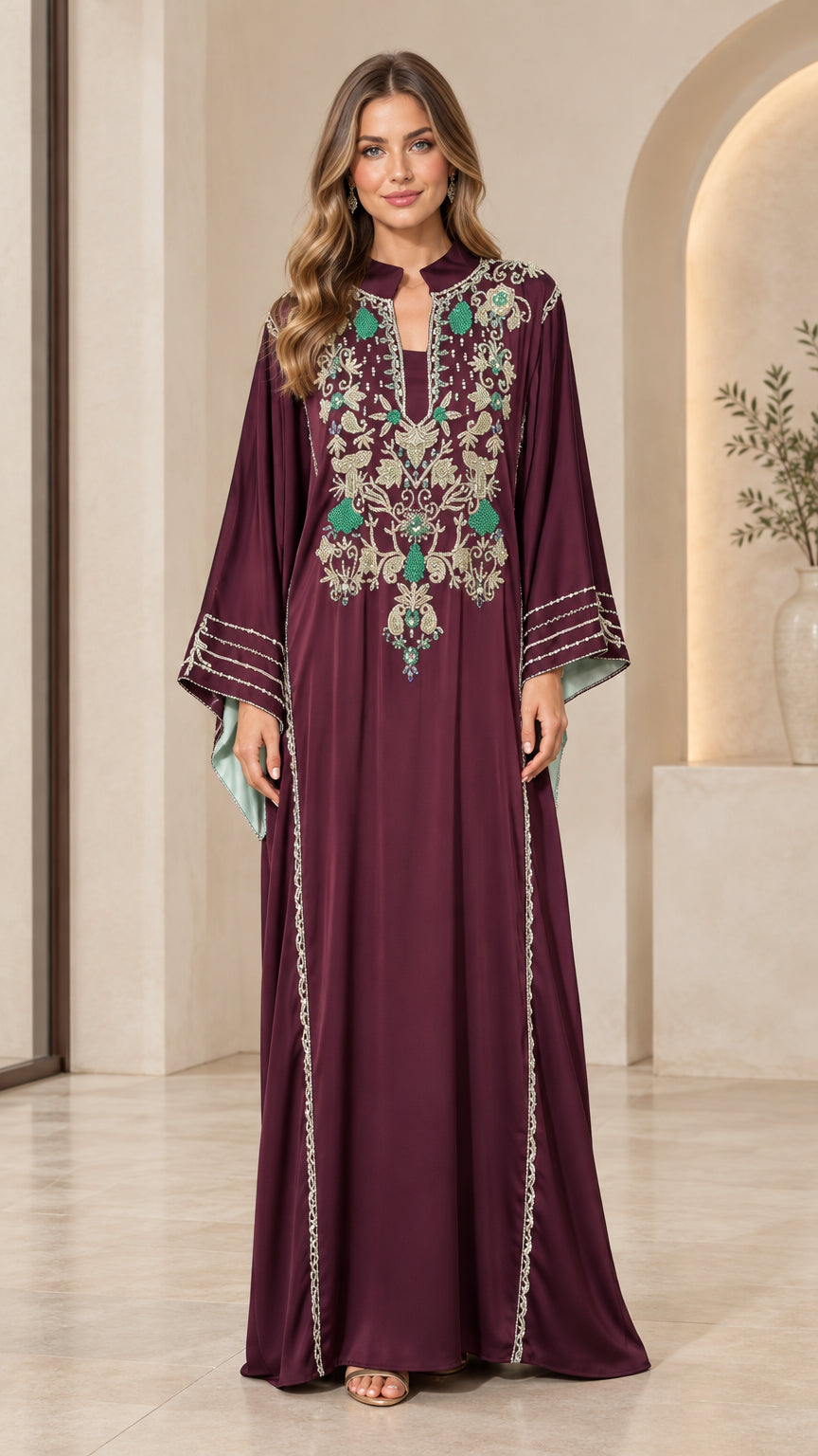 Front full-length view of woman wearing burgundy embroidered maxi kaftan dress