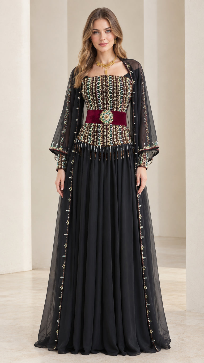 Front view of black beaded cape sleeve maxi evening dress