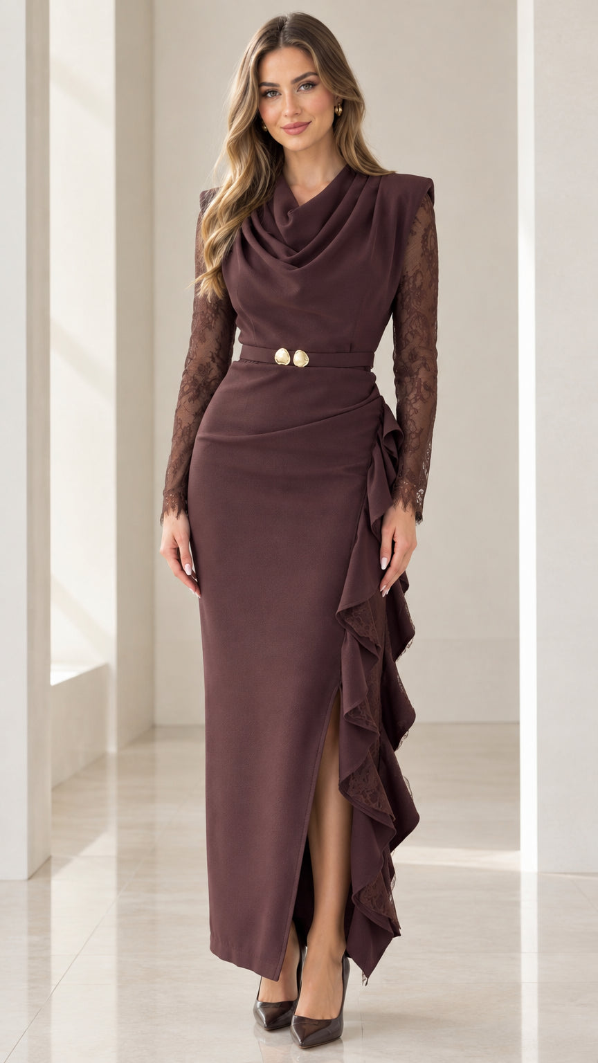 Front view of model wearing Chocolate Brown cowl neck lace sleeve maxi gown with side ruffle slit