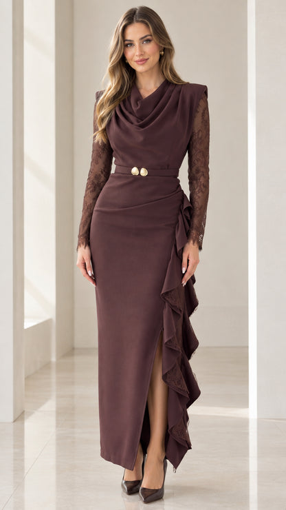 Front view of model wearing Chocolate Brown cowl neck lace sleeve maxi gown with side ruffle slit