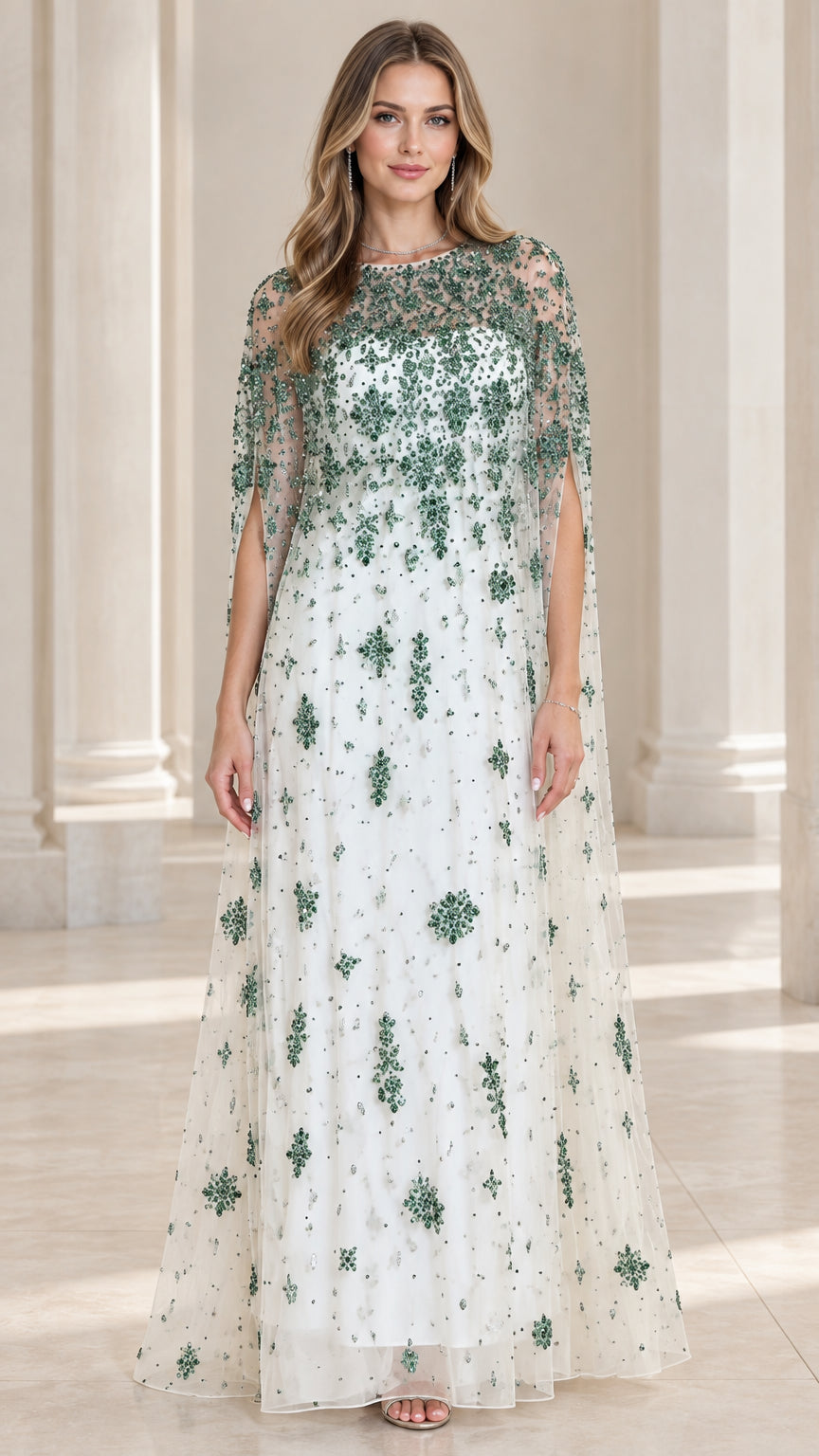 White sequin embroidered cape evening gown front view