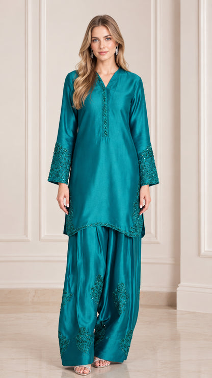 Teal embroidered satin long tunic and wide leg palazzo two piece set front view