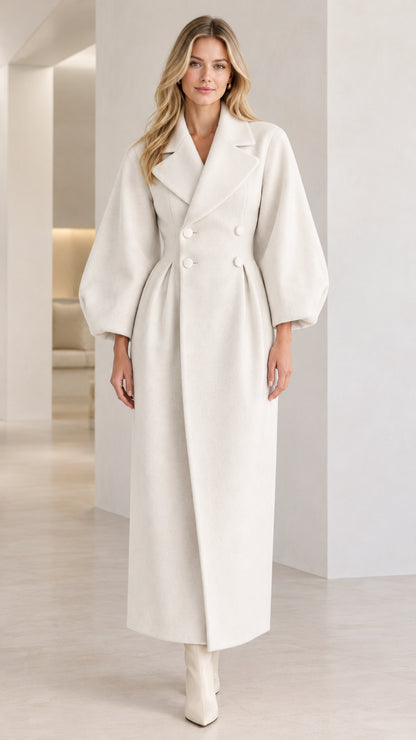 Front view of woman wearing Off White lantern sleeve double-breasted maxi coat