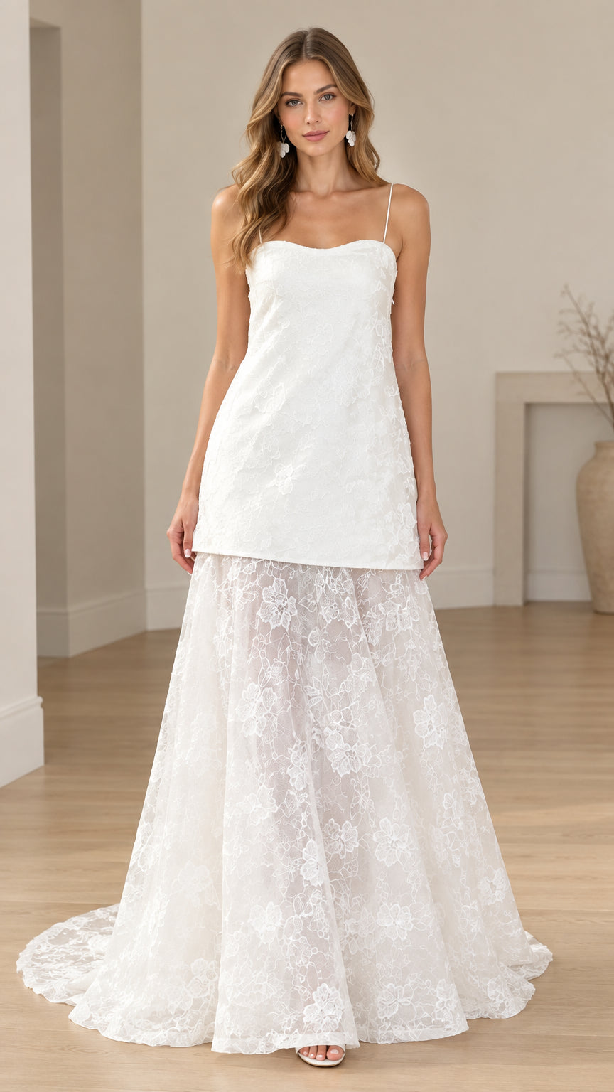 Full front view of white floral lace drop-waist maxi gown on model