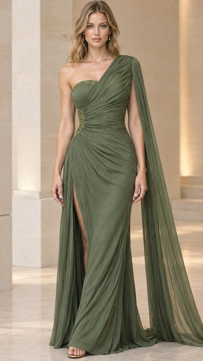 Front view of olive green one-shoulder ruched evening gown with cape sleeve