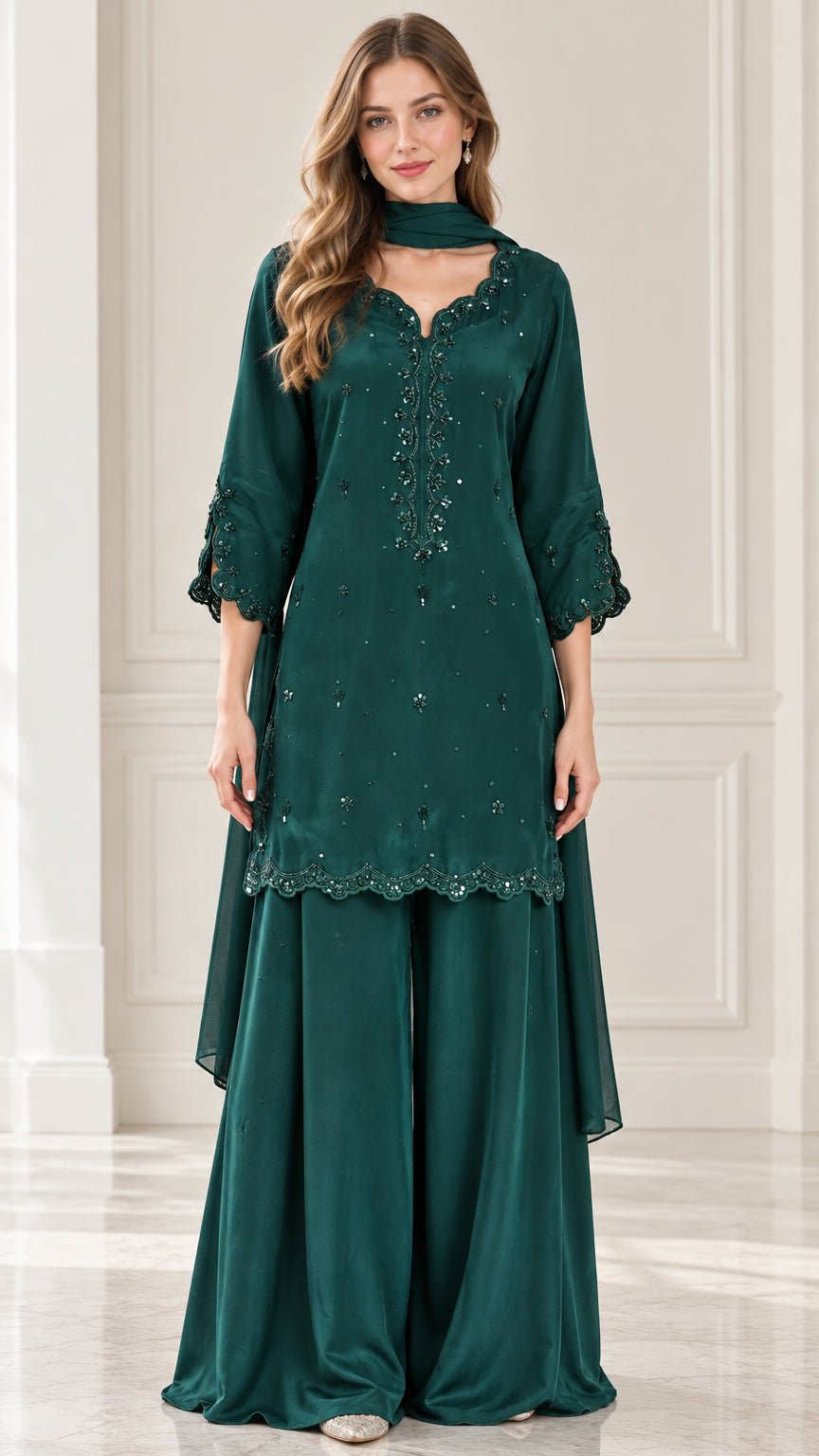 Front view of woman wearing emerald green embroidered tunic with wide-leg pants and matching scarf