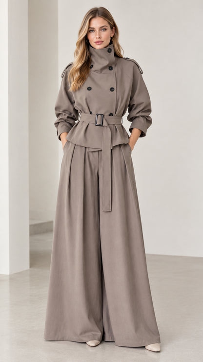 Full front view of women's taupe belted trench jacket and wide-leg trousers set