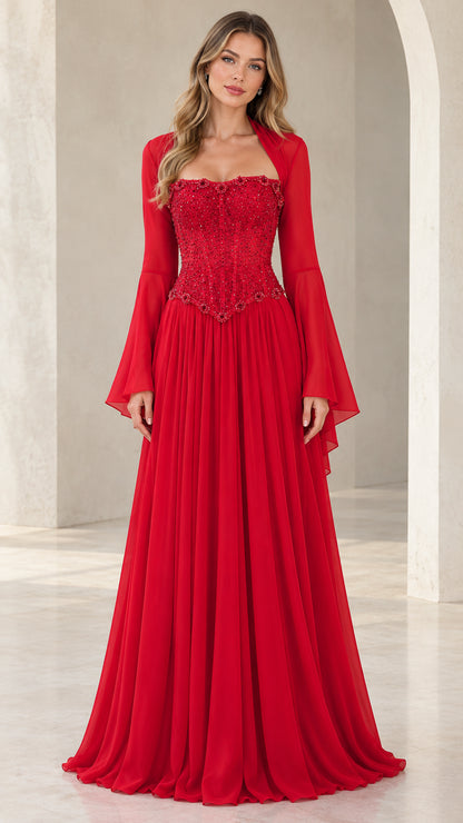 Red corset beaded maxi evening dress with bell sleeves front view