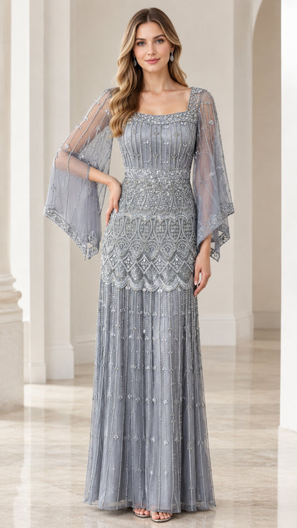 Dusty Blue beaded floor-length evening gown with flutter sleeves front view