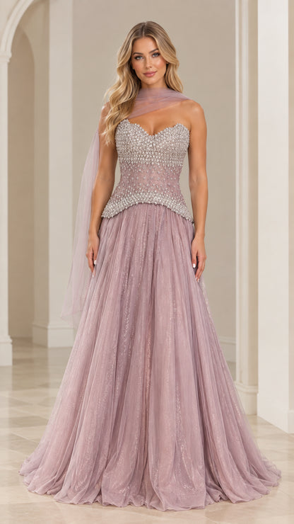 Full front view of strapless dusty mauve evening gown with beaded corset bodice and matching neck scarf