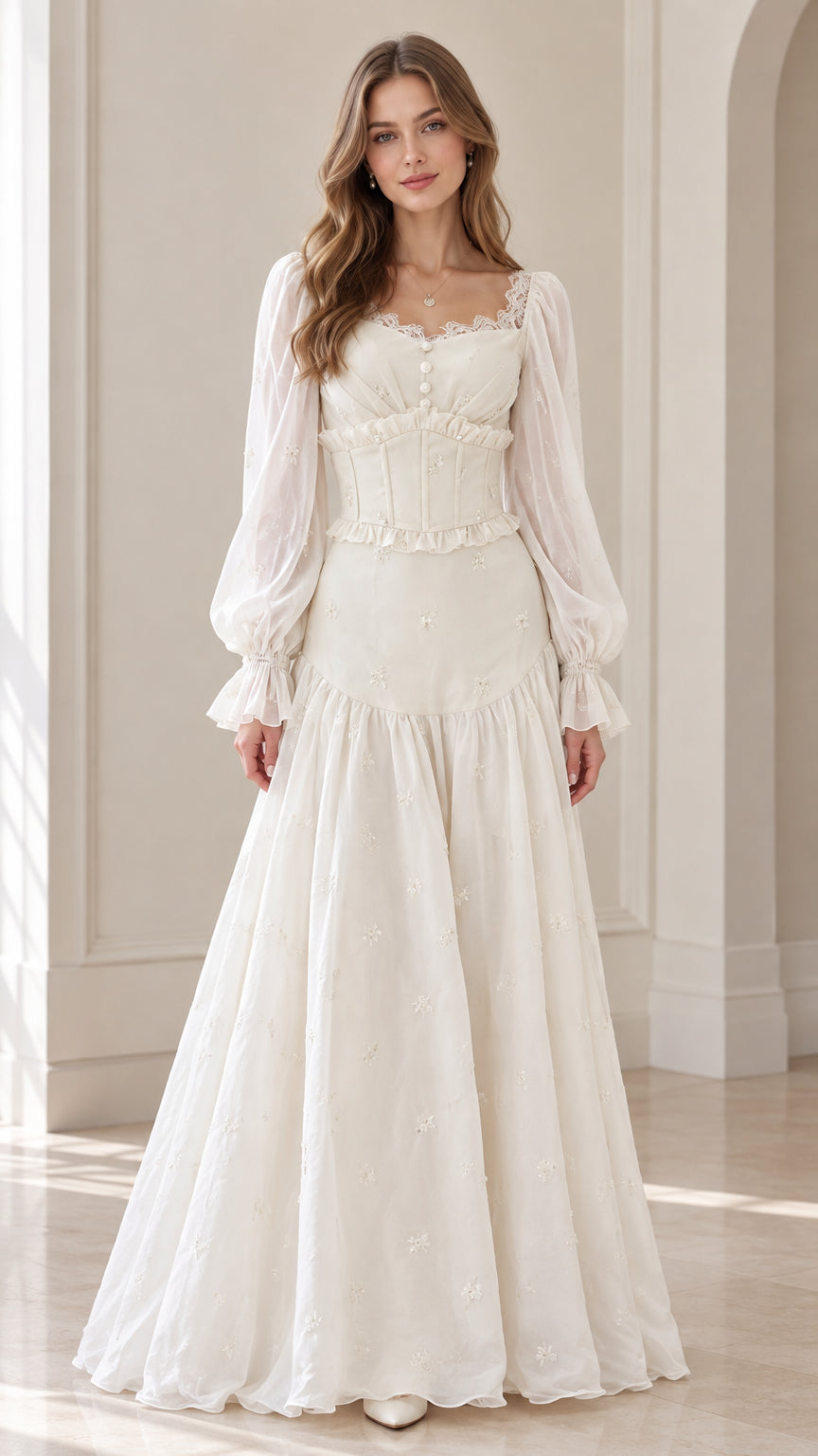 Front view of model wearing ivory romantic corset maxi dress with long puff sleeves