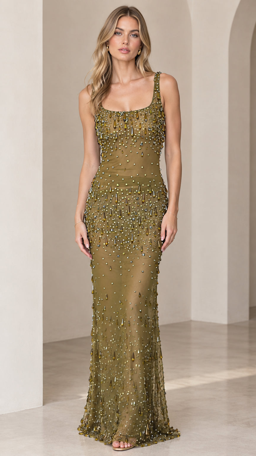 Front view of woman wearing an olive green square neck beaded column maxi dress