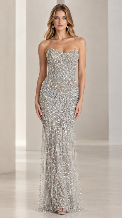 Strapless beaded sequin evening gown in silver front view
