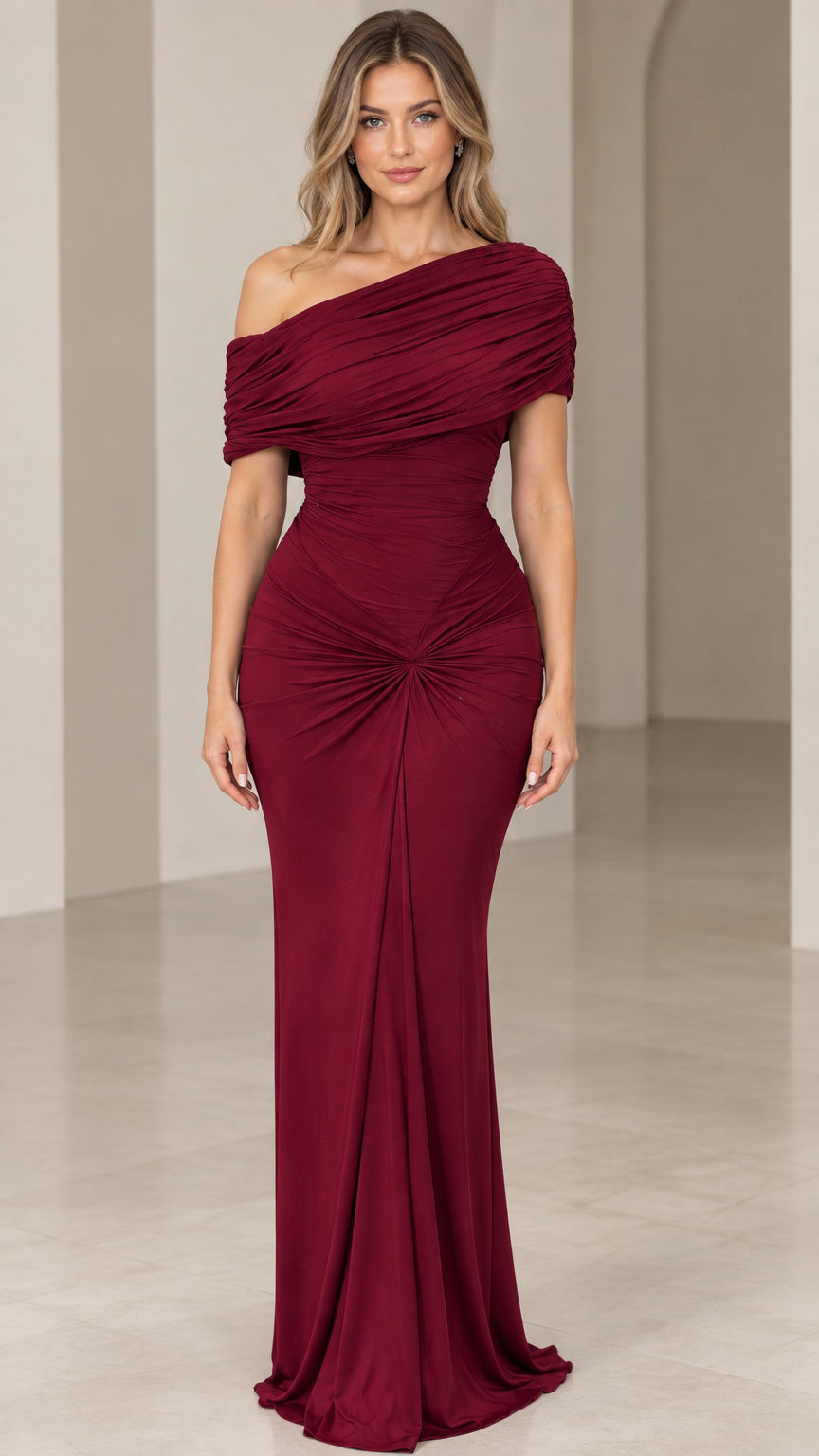 Front view of model wearing burgundy one-shoulder ruched maxi evening dress