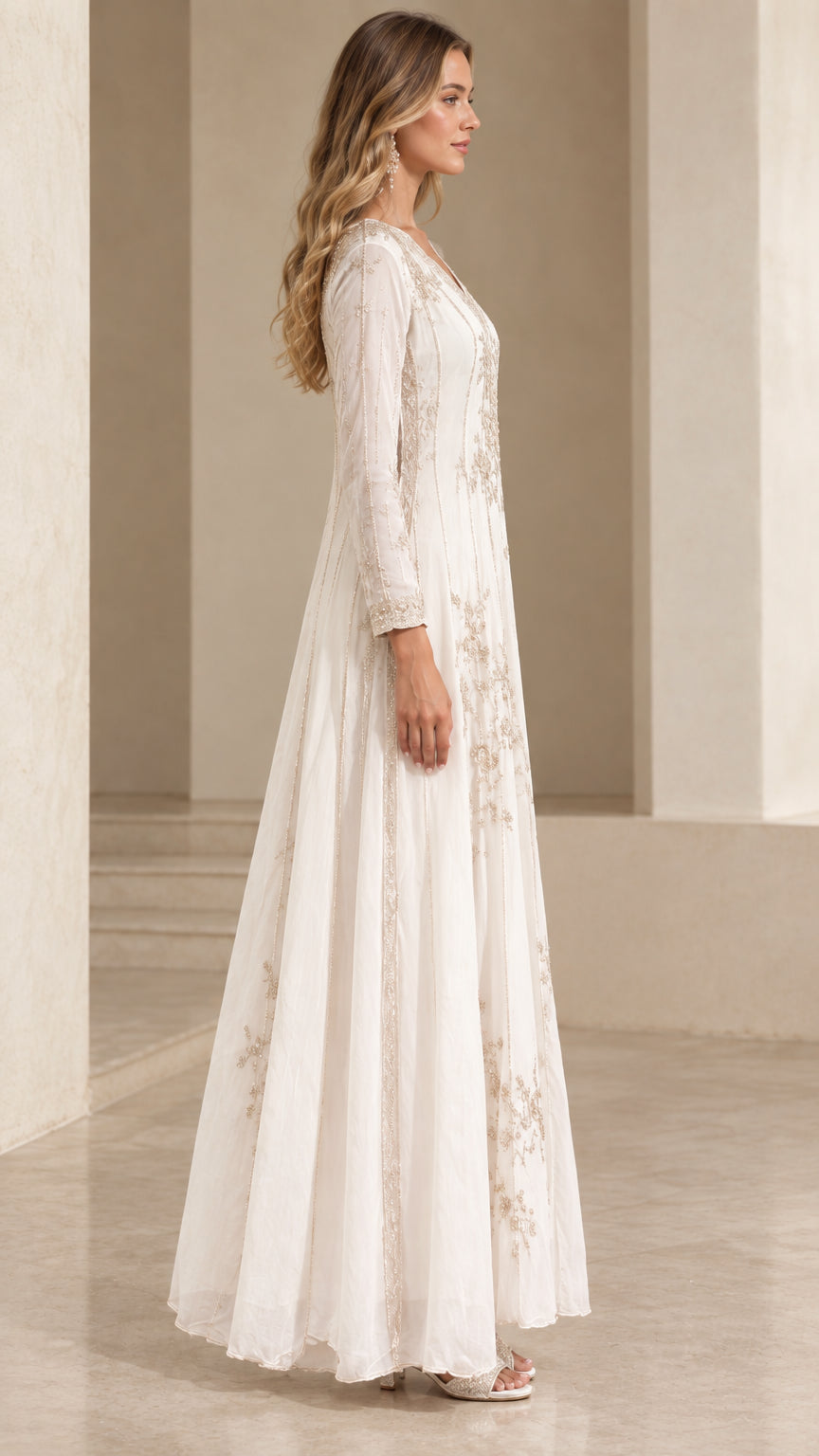 Side view of white embroidered formal long sleeve maxi dress