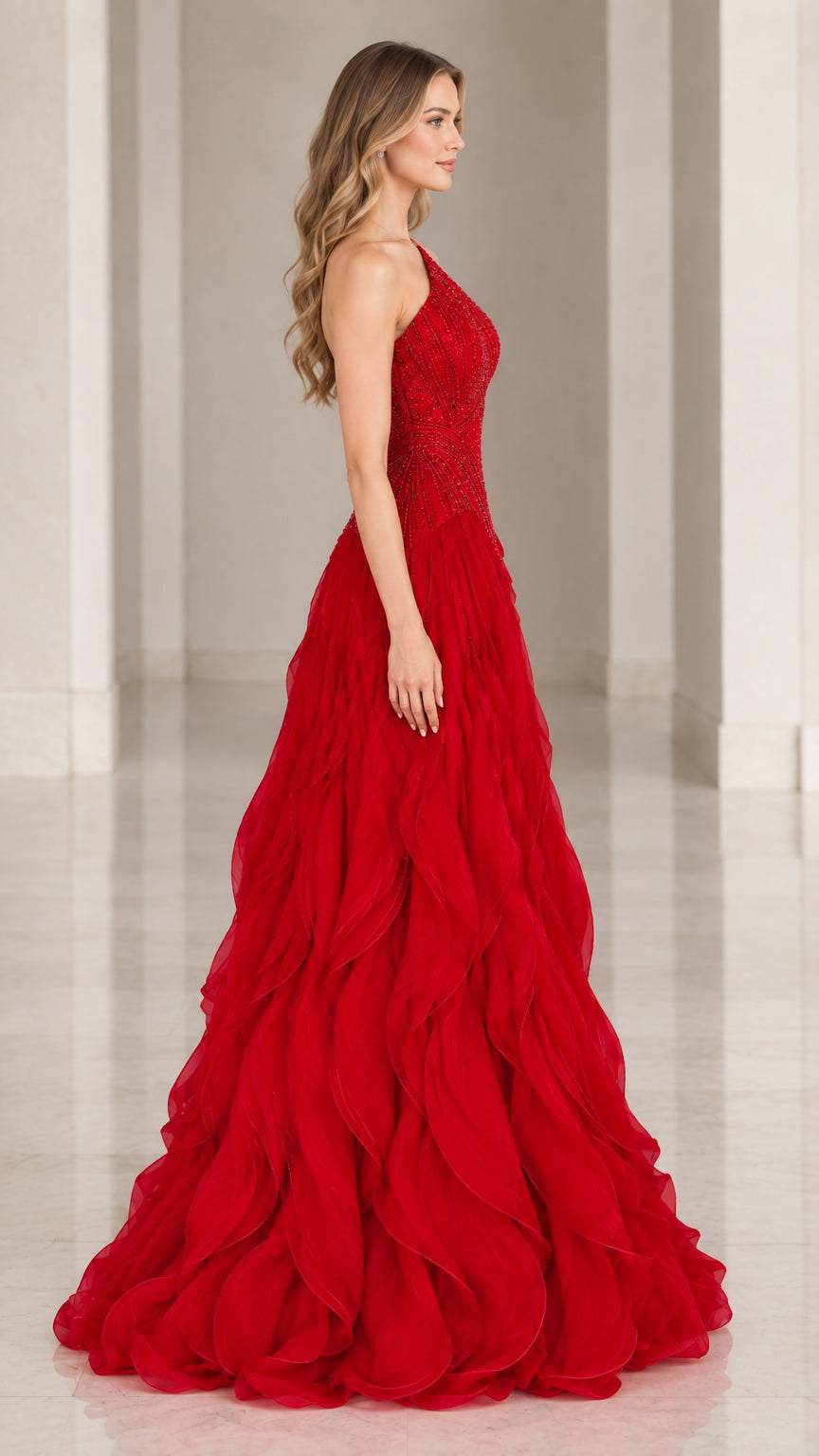 Side profile of woman in full-length Red Beaded Halter Ruffle Formal Gown