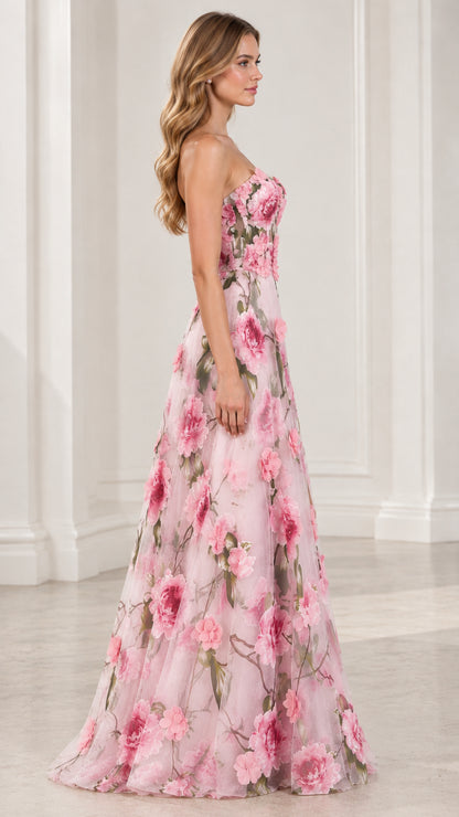Side profile view of Blush Pink strapless floral A-line maxi dress