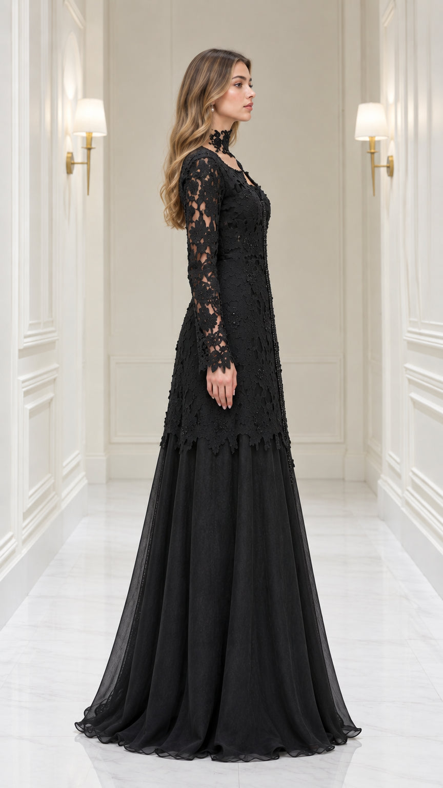 Side angle of elegant black lace evening gown with flowing chiffon skirt