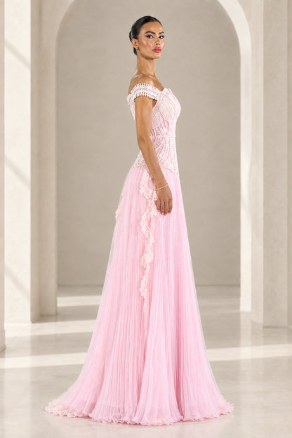 Side profile of Blush Pink embroidered corset evening maxi dress