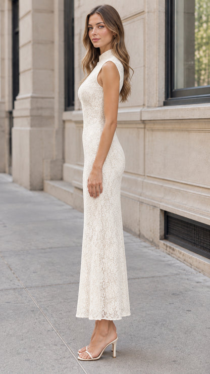 Side profile view of ivory floral lace sleeveless maxi dress