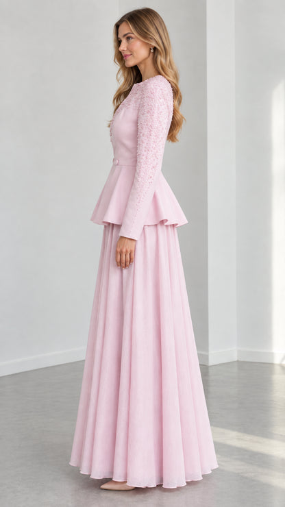 Blush Pink elegant long sleeve formal evening gown set side view