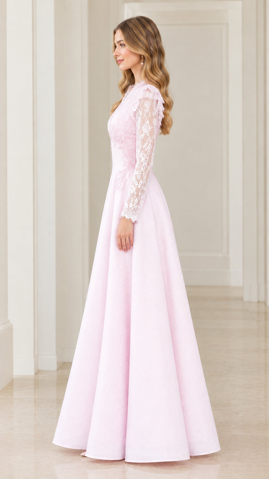 Side profile of woman in Light Pink floor-length A-line formal dress